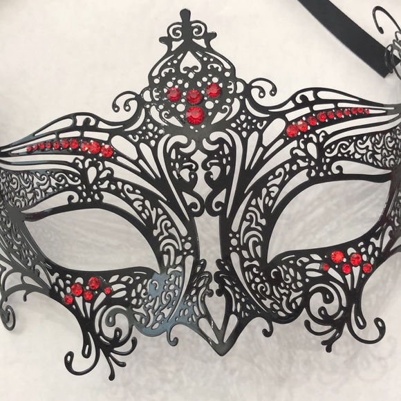 Black Metal Masquerade Mask with Red Rhinestones Handmade - Picture 3 of 17